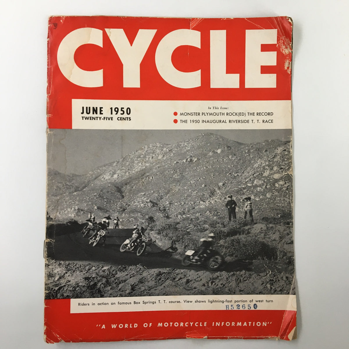 VTG Cycle Magazine June 1950 featuring the 1950 Inaugural Riverside T. T. Race on the cover, showcasing motorcyclists racing on a dirt course.