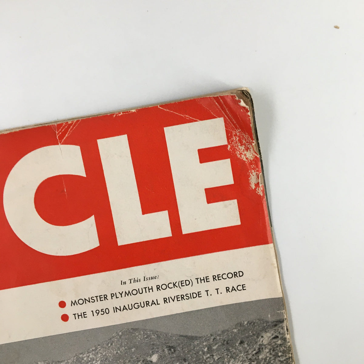 Close-up of the VTG Cycle Magazine June 1950 cover, highlighting the title and details about the 1950 Inaugural Riverside T. T. Race.