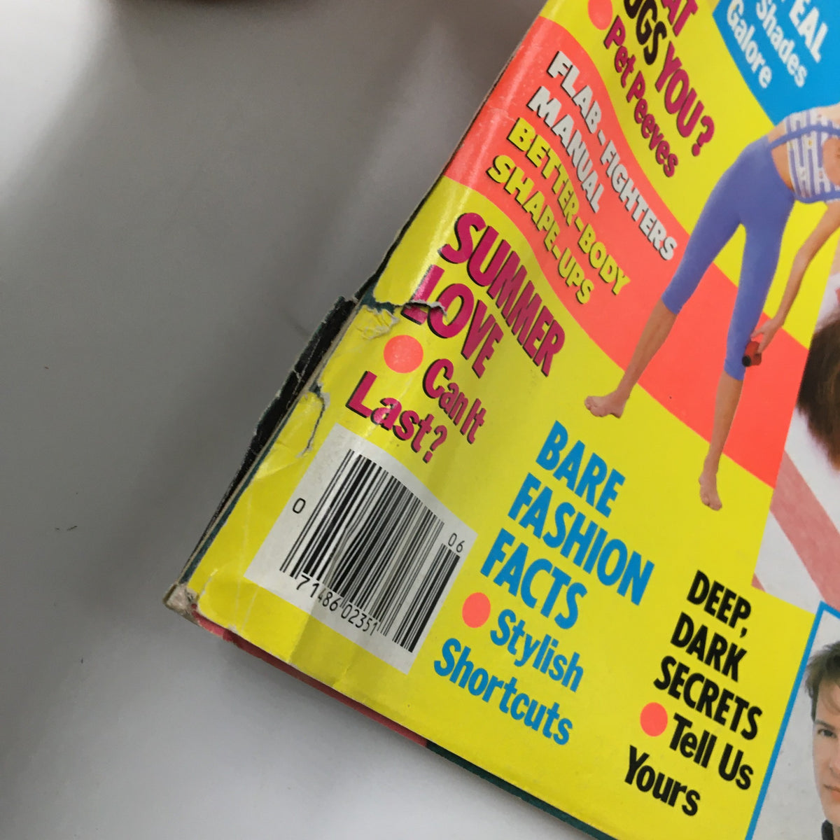 Detail shot of the lower section of VTG Teen Magazine June 1987 cover, highlighting features like 'Summer Love' and 'Bare Fashion Facts'.