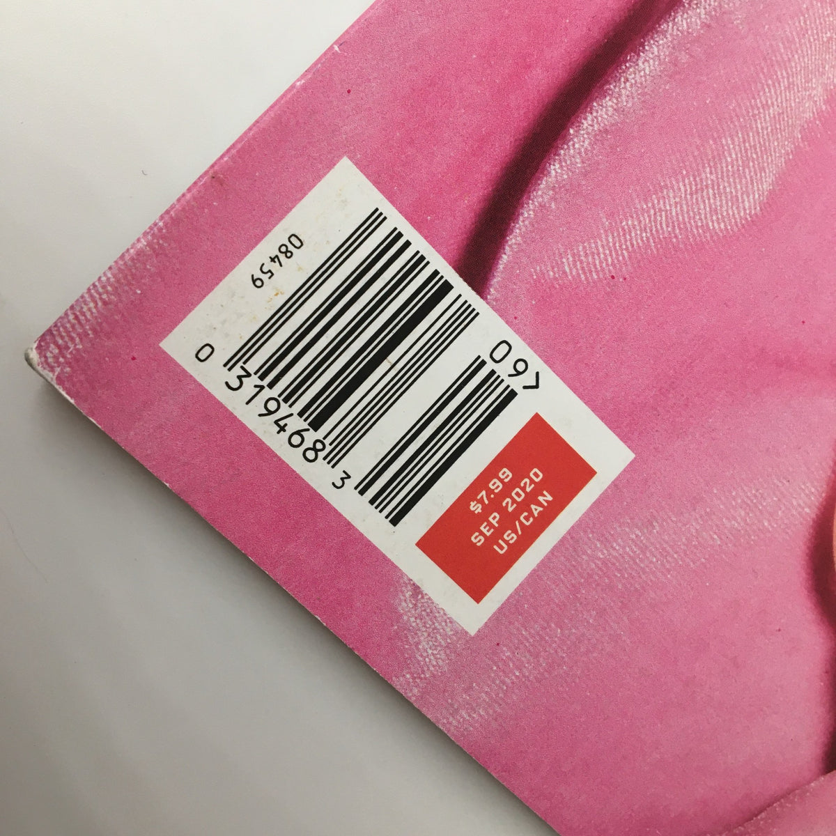 Barcode and pricing label for Wired Magazine September 2020, priced at $7.99, showcasing the magazine's details on the pink background.