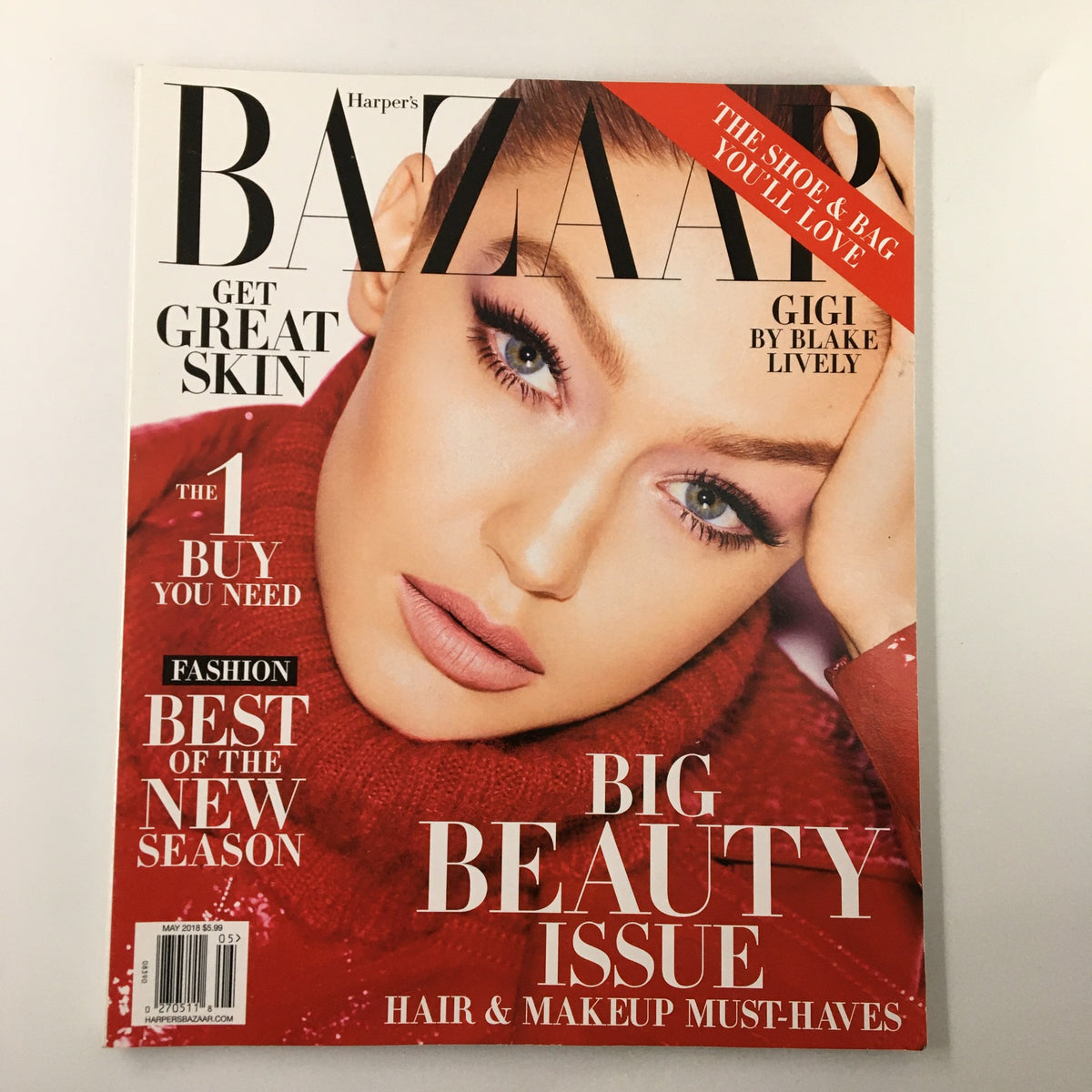 Cover of Harper's Bazaar Magazine May 2018 featuring Gigi Hadid, photographed by Blake Lively, showcasing the Big Beauty Issue with a focus on skin care and makeup essentials.
