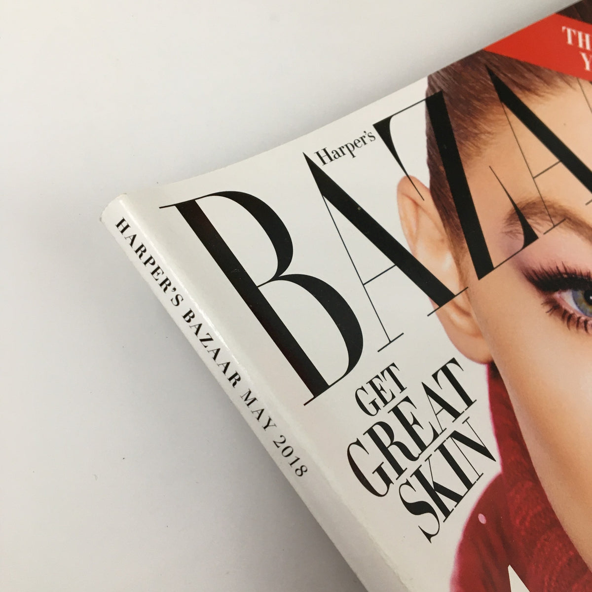 Close-up of the spine of Harper's Bazaar Magazine May 2018, highlighting the title and the issue's theme of skincare and beauty.
