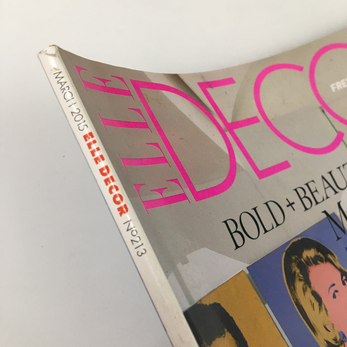 Close-up of the spine of Elle Decor Magazine March 2015, highlighting the title and issue number, emphasizing its status as a collectible design publication.