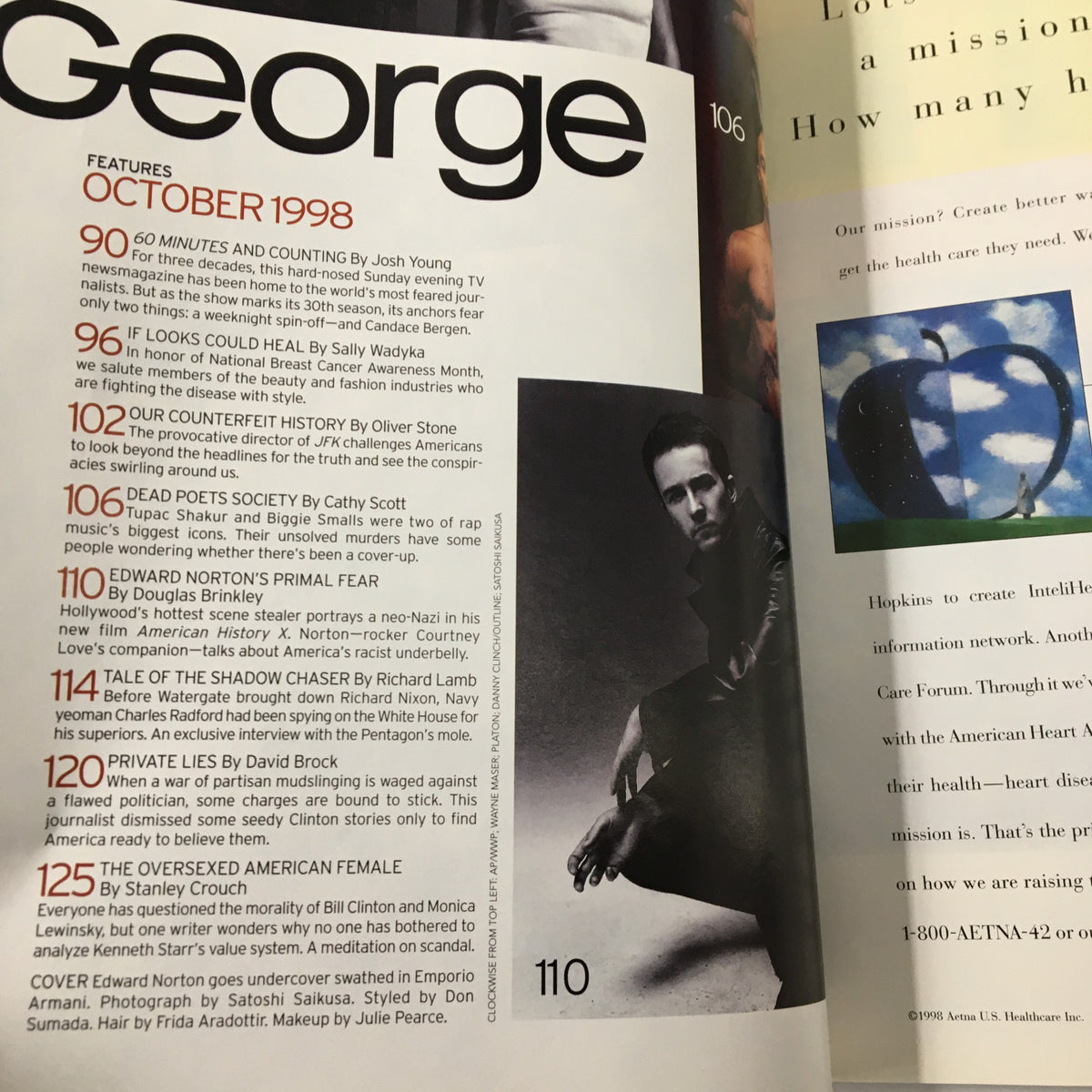 George Magazine October 1998 issue featuring a cover story on American History X with Edward Norton. The page displays the magazine’s header, articles about cultural and political themes of the late 90s, and a striking black-and-white photo of Edward Norton, capturing the essence of the magazine's exploration of contemporary issues.
