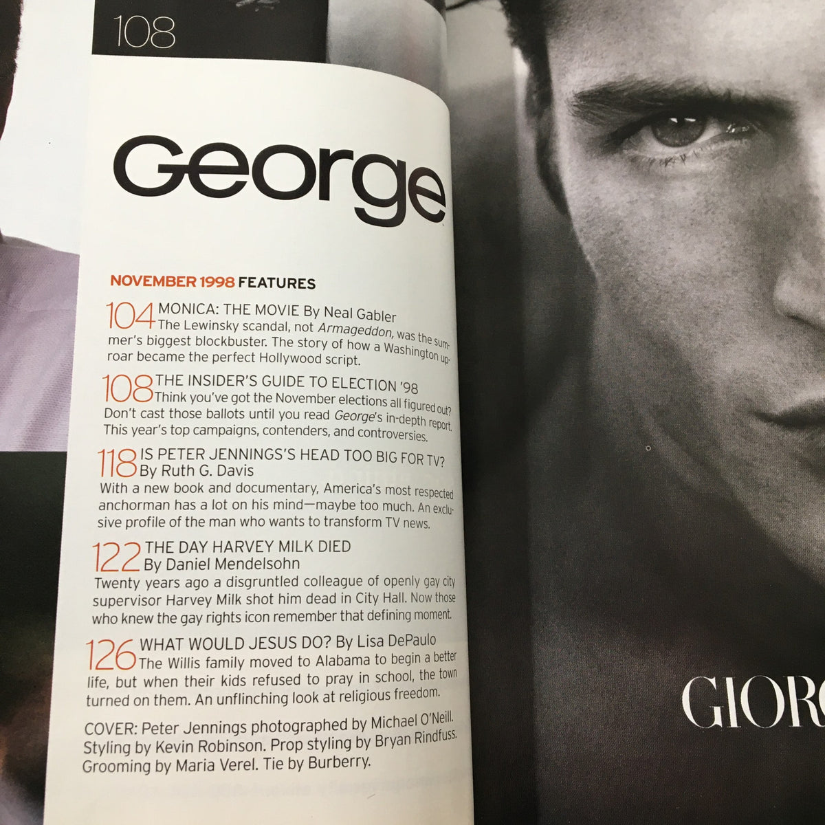 Interior page of George Magazine November 1998 featuring table of contents with articles on election 1998, media ethics, and celebrity culture.