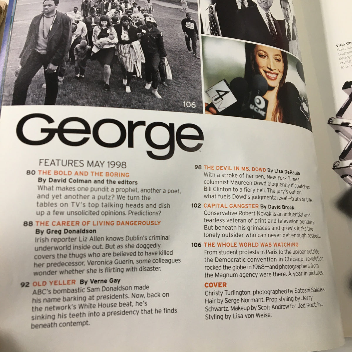 George Magazine May 1998 features articles including 'The Bold and the Boring' and 'The Whole World Was Watching,' showcasing various topics such as political commentary and cultural insights.
