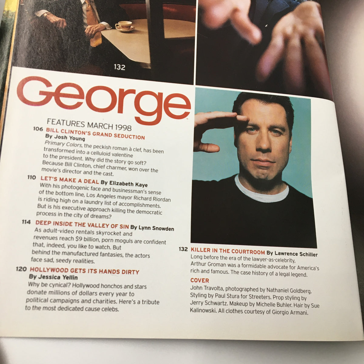 Cover image of George Magazine March 1998 featuring John Travolta, highlighting the issue's focus on celebrity culture and politics, including 'The 10 Most Corrupt Cities in America'.