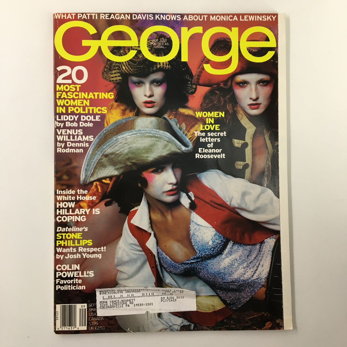Cover of George Magazine,September 1998 edition featuring 'The Secret Letters of Eleanor Roosevelt' along with headlines about influential women in politics including Liddy Dole and Venus Williams.