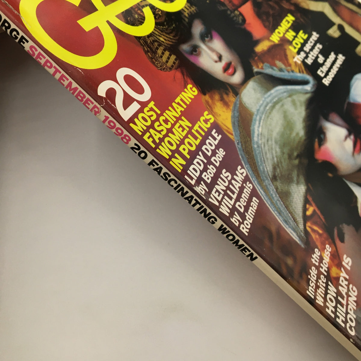 Spine view of the September 1998 George Magazine showcasing the title, publication date, and highlights including '20 Most Fascinating Women in Politics' and 'The Secret Letters of Eleanor Roosevelt'.