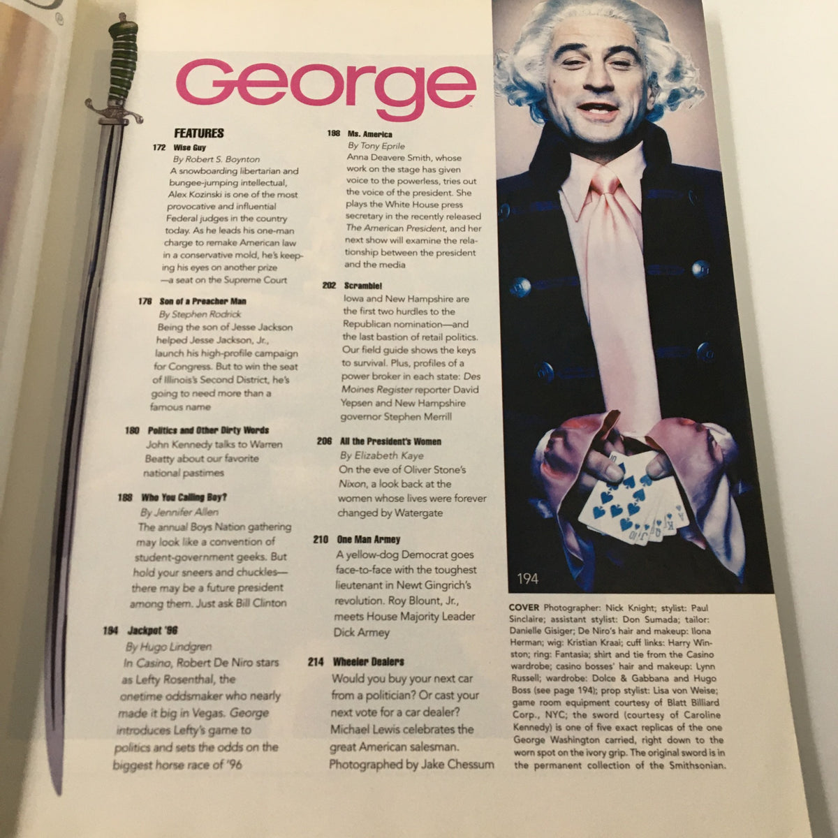 Interior page of the 1996 George Magazine showcasing features, including a section titled 'Jackpot 96' and an image of Robert De Niro as Lefty Rosenthal in Casino.