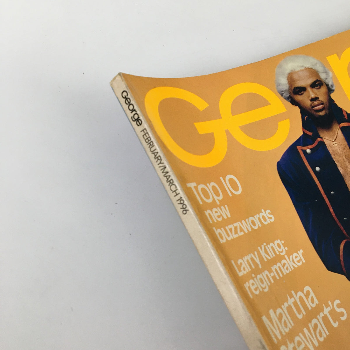 Side view of George Magazine February 1996 cover showcasing Charles Barkley, highlighting pop culture references and major buzzwords of the era.