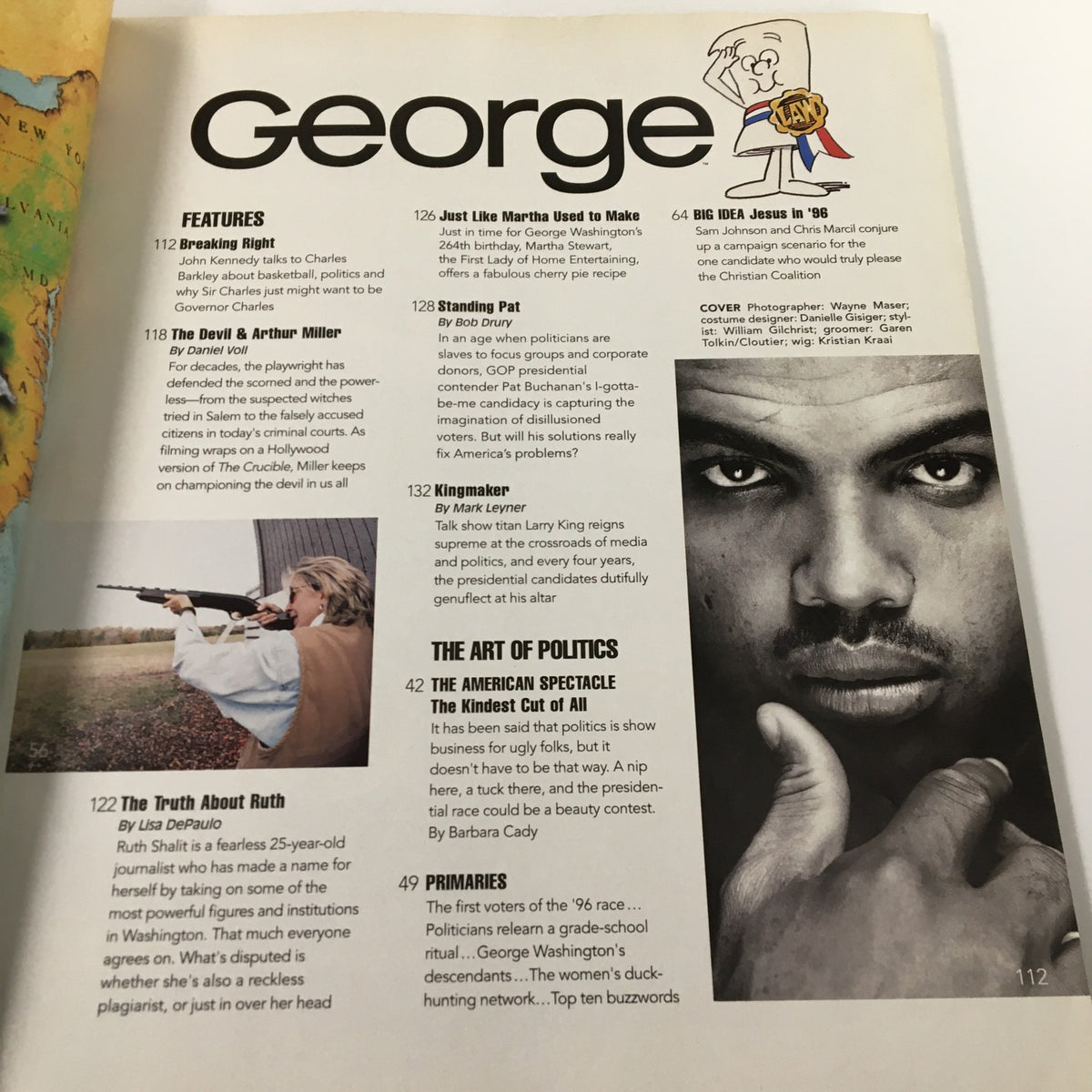 Interior page of George Magazine February 1996 featuring an article on Charles Barkley, discussing political themes and celebrity insights.