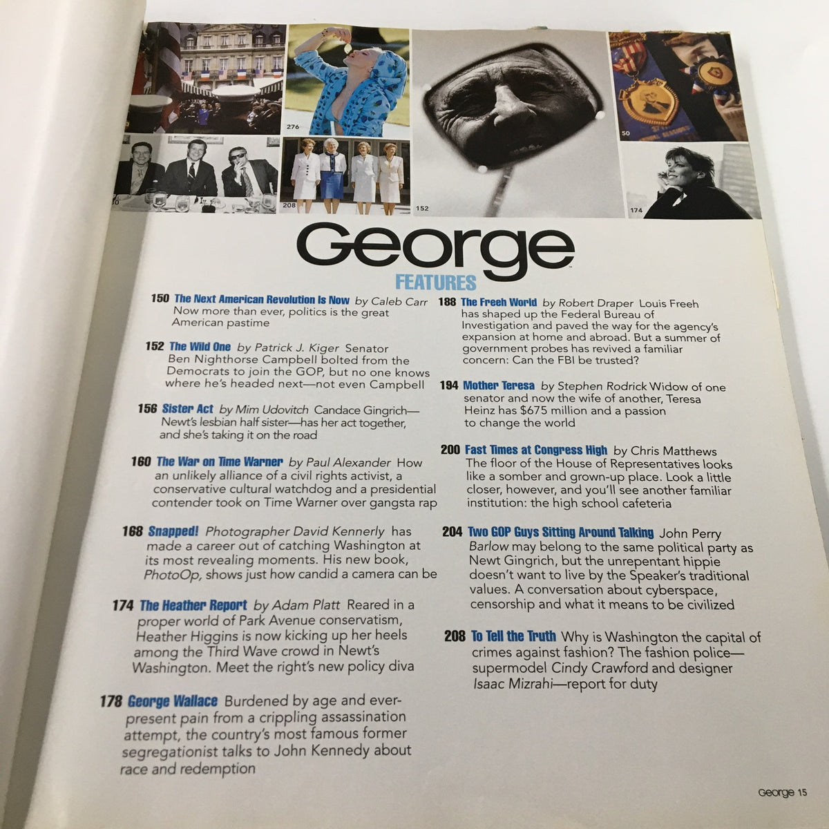 Interior page of George Magazine October 1995 displaying featured articles, including George Wallace's interview with John Kennedy, illustrating the magazine's content.
