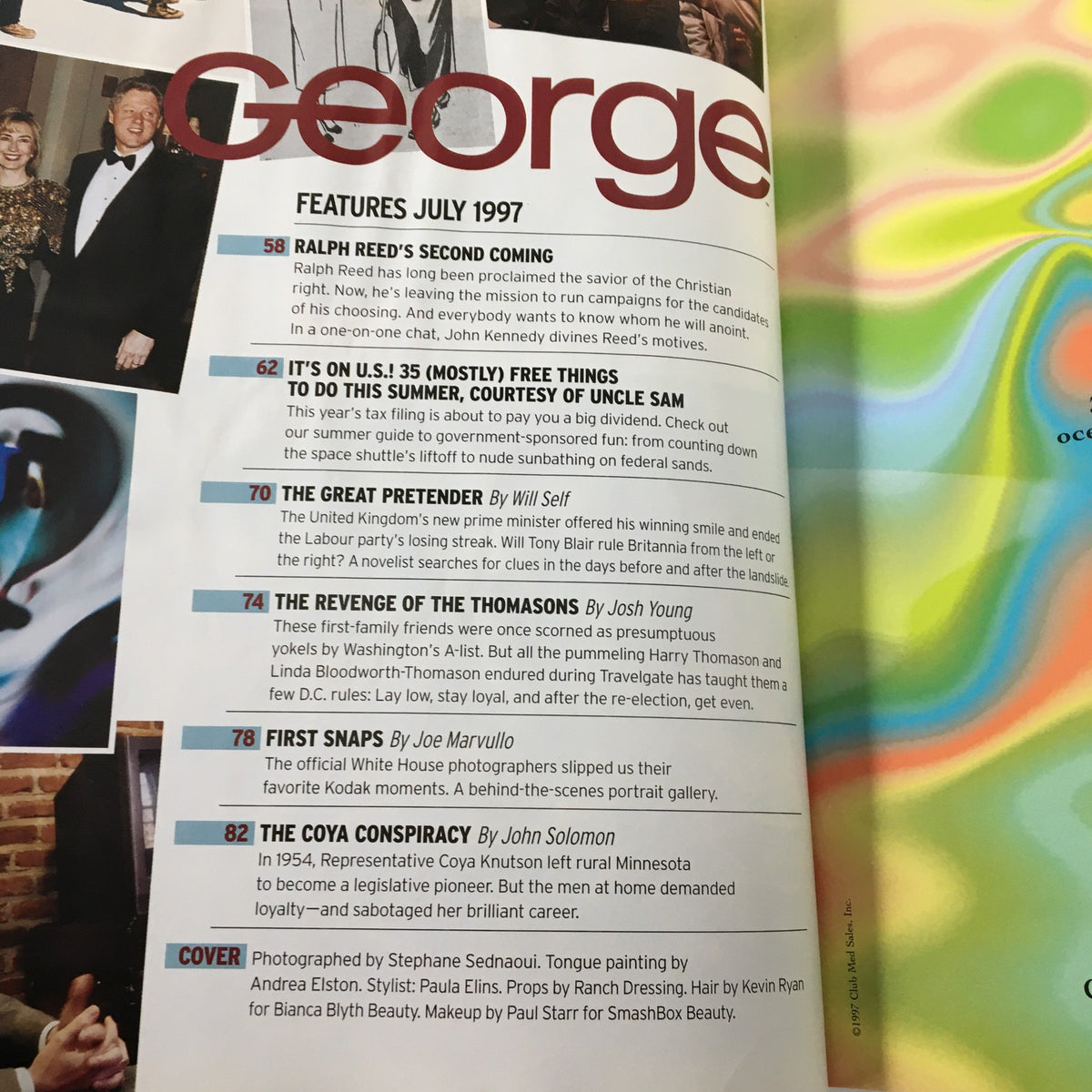 Interior page of George Magazine July 1997, highlighting the features and articles within, providing a glimpse into the content related to political and celebrity culture of the time.