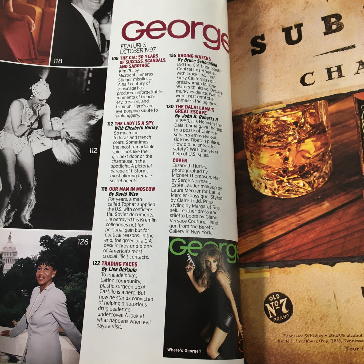Interior page of George Magazine October 1997 showcasing features including an article about Elizabeth Hurley and various other topics in that edition.