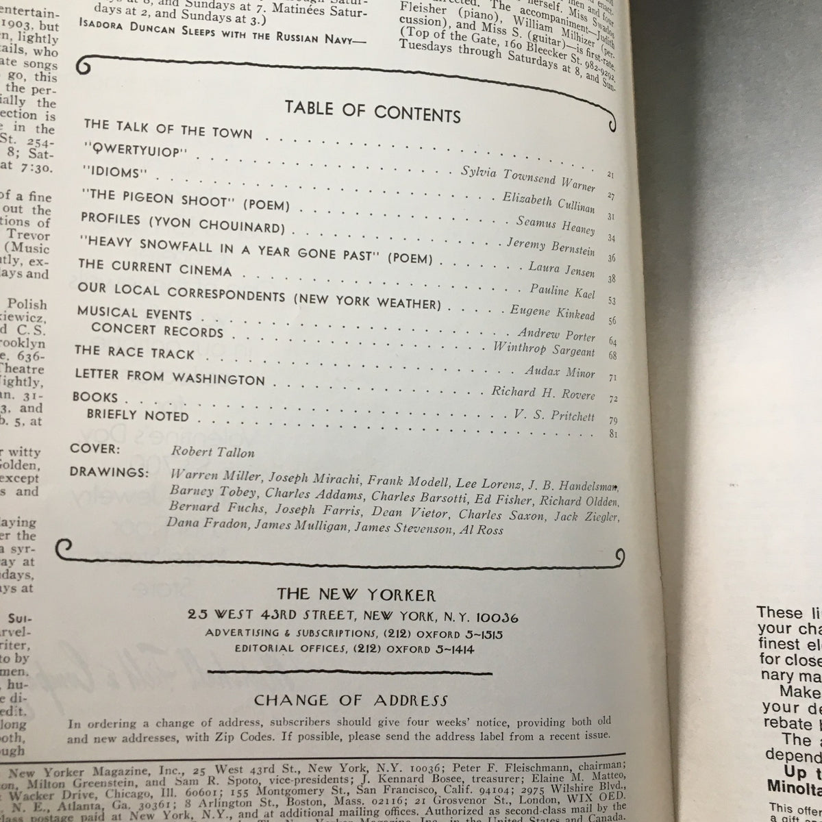 Table of contents of The New Yorker Magazine January 31, 1977, highlighting articles and features including the cover by Robert Tallon.