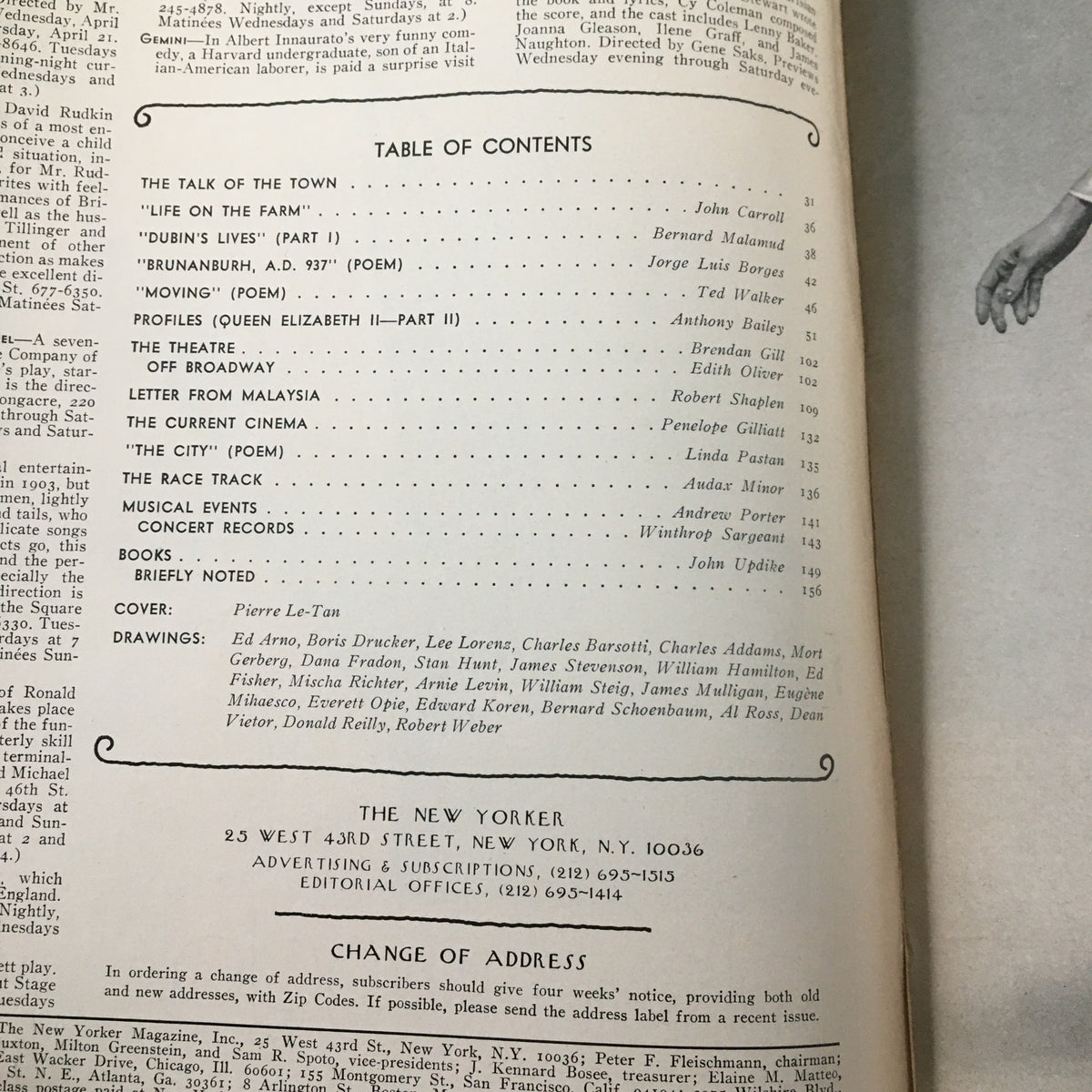 Table of Contents from The New Yorker Magazine April 18, 1977 featuring cover art by Pierre Le-Tan, showcasing articles and drawings with details related to the magazine's content.