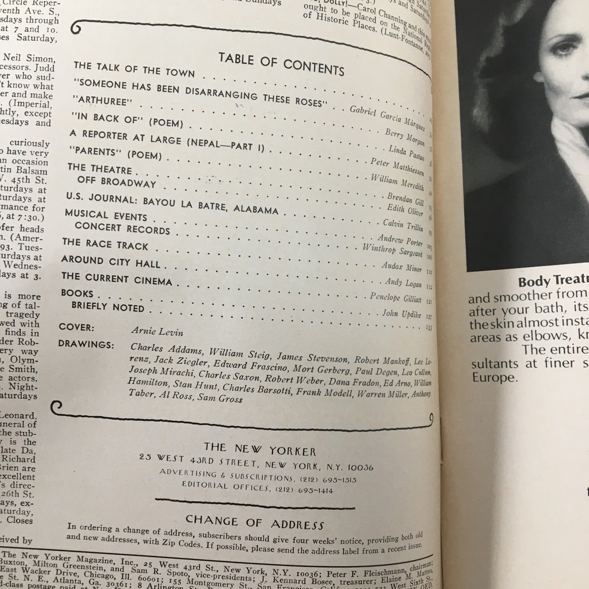 The New Yorker Magazine March 27 1978 interior page showing the table of contents, highlighting articles and drawings, with a cover design by Arnie Levin.