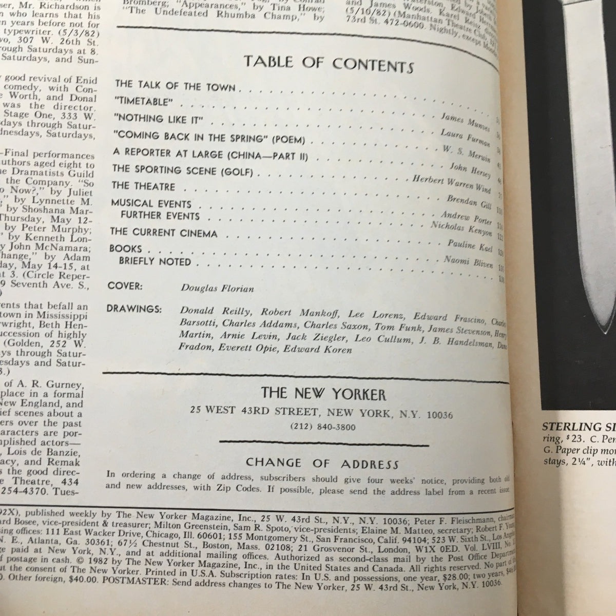 Table of contents from The New Yorker Magazine May 17, 1982, highlighting notable articles and the cover art by Douglas Florian.
