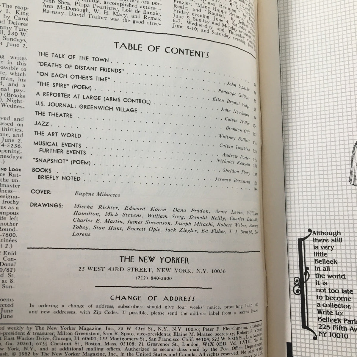 Table of contents from The New Yorker Magazine June 7 1982, detailing featured articles and contributions, including a highlight on the cover story.