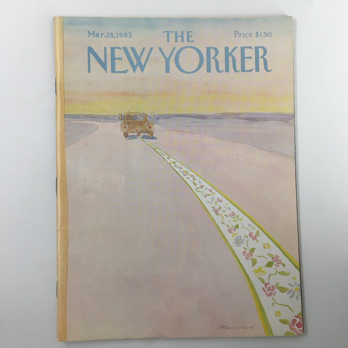 The New Yorker Magazine March 28 1983 cover featuring an illustration by James Stevenson depicting a vehicle driving down a road with a floral design.