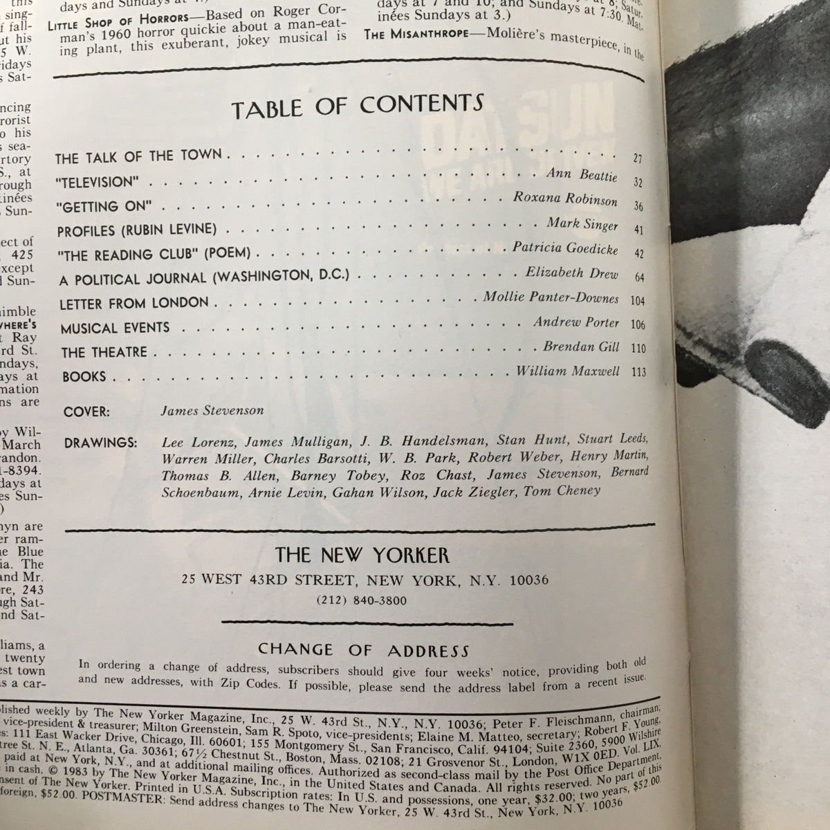 Table of contents page from The New Yorker Magazine March 28 1983, listing articles, profiles, and the cover artist James Stevenson.