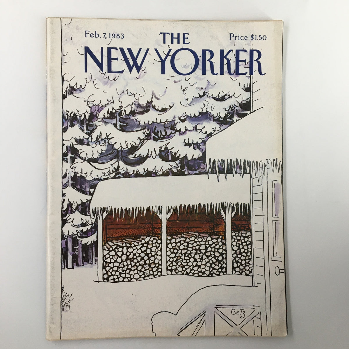 Cover of The New Yorker Magazine February 7 1983 featuring Snow Logs by Arthur Getz, showcasing a winter scene with snow-covered trees and a log pile.