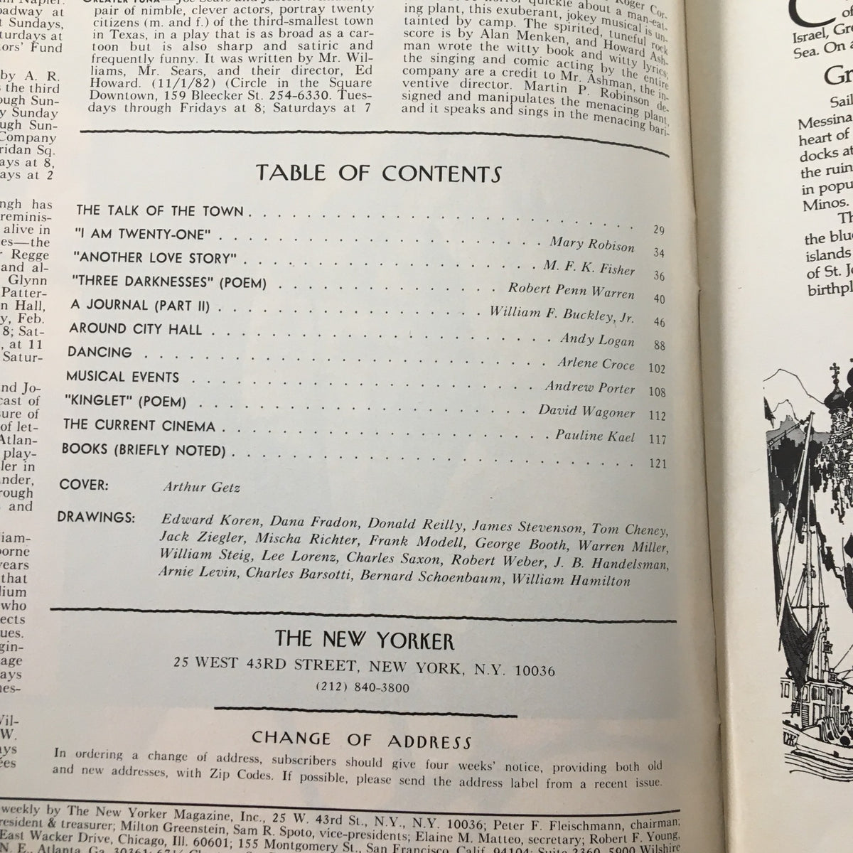 Table of Contents from The New Yorker Magazine February 7 1983, highlighting contributors and features including the cover art by Arthur Getz.