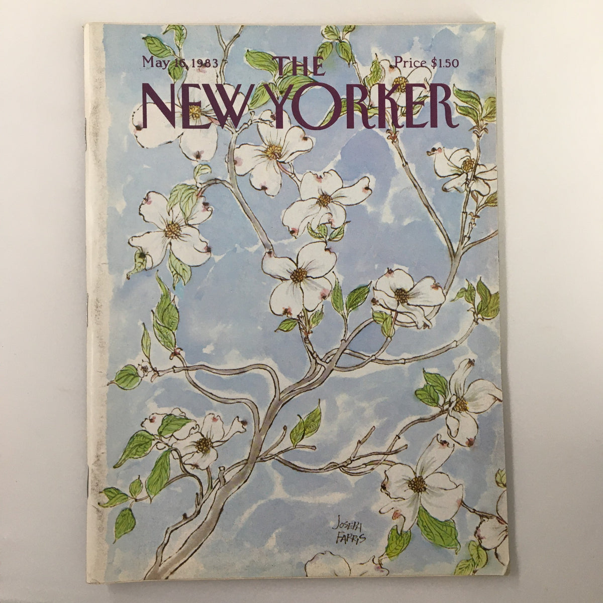 The New Yorker Magazine May 16 1983 featuring the cover illustration 'Flower Vines' by Joseph Farris, showcasing delicate white flowers against a soft blue background.