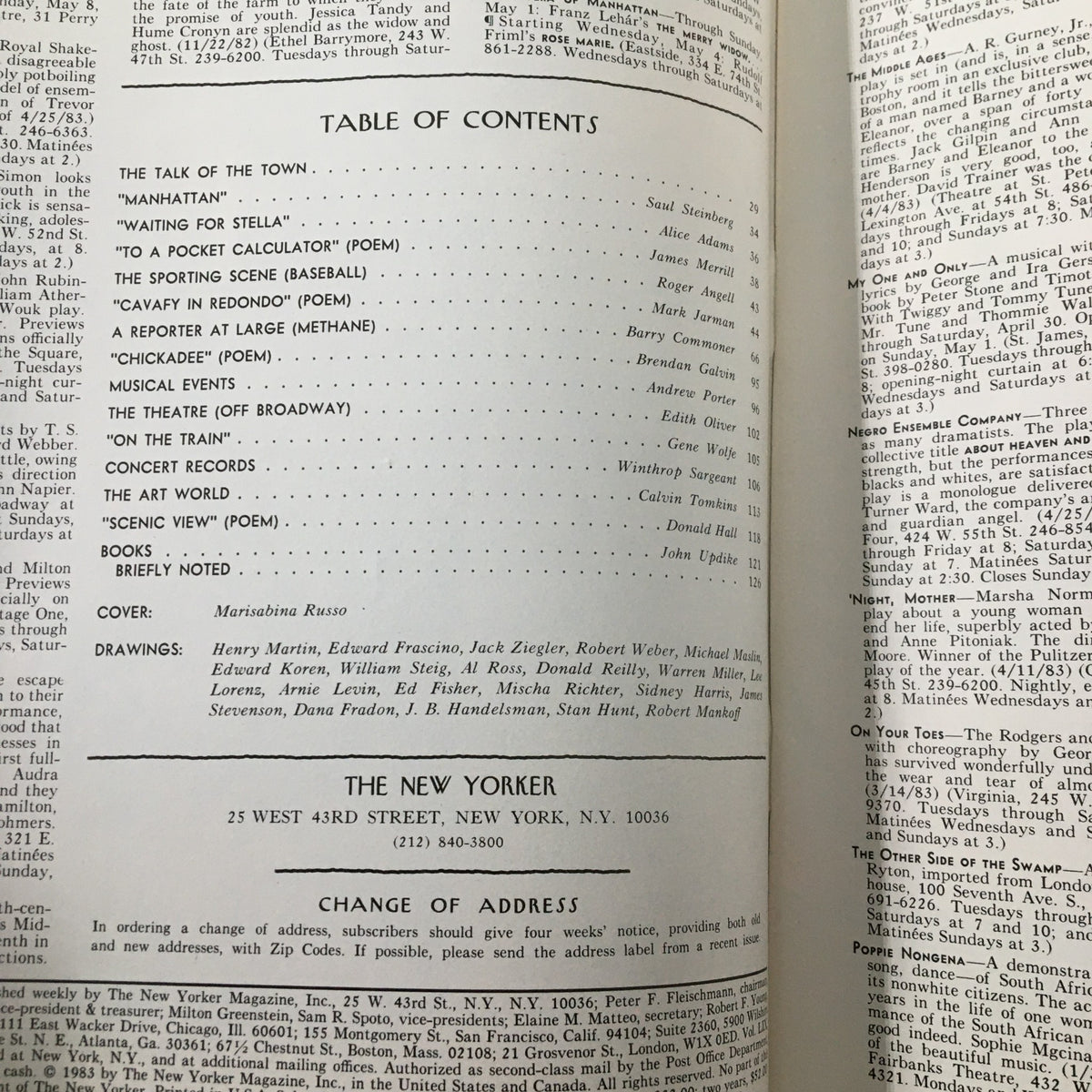 Table of contents from The New Yorker Magazine May 2 1983, showcasing an overview of the articles and features within, including the cover design by Marisabina Russo.