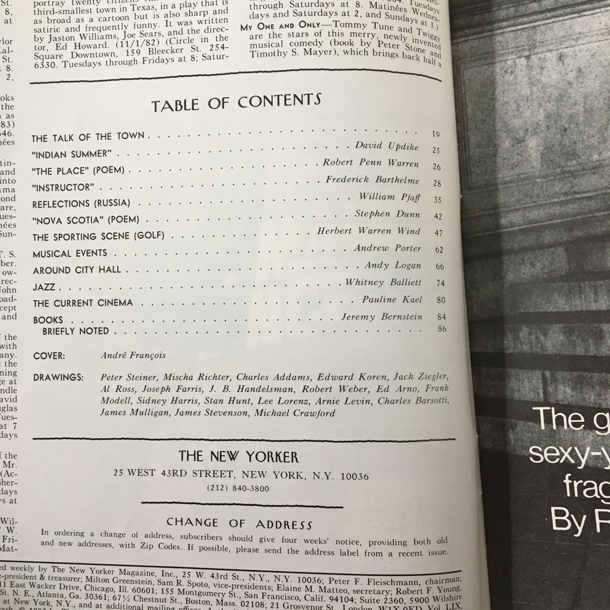 Table of contents from The New Yorker Magazine dated July 25, 1983 featuring articles by David Updike, Robert Penn Warren, and more, alongside the captivating cover illustration titled 'Fishing' by Andrei Francois.