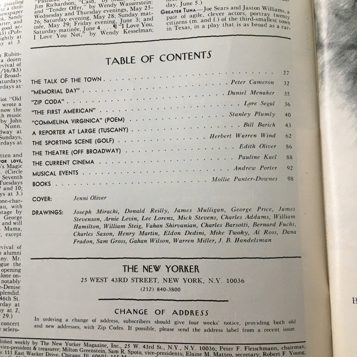 Inside page of The New Yorker Magazine May 30 1983 displaying the table of contents, including articles and features alongside the mention of the cover art by Jenni Oliver.