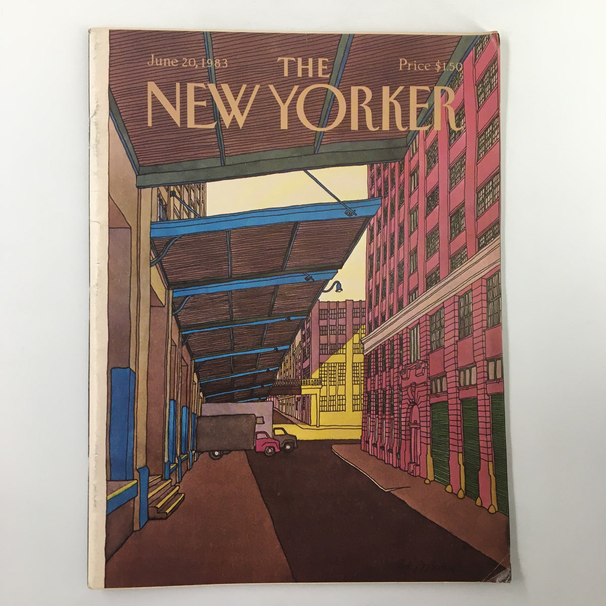 Cover of The New Yorker Magazine from June 20, 1983, featuring the illustration 'Loading Dock' by Roxie Munro, showcasing a vibrant urban scene with buildings and a truck.