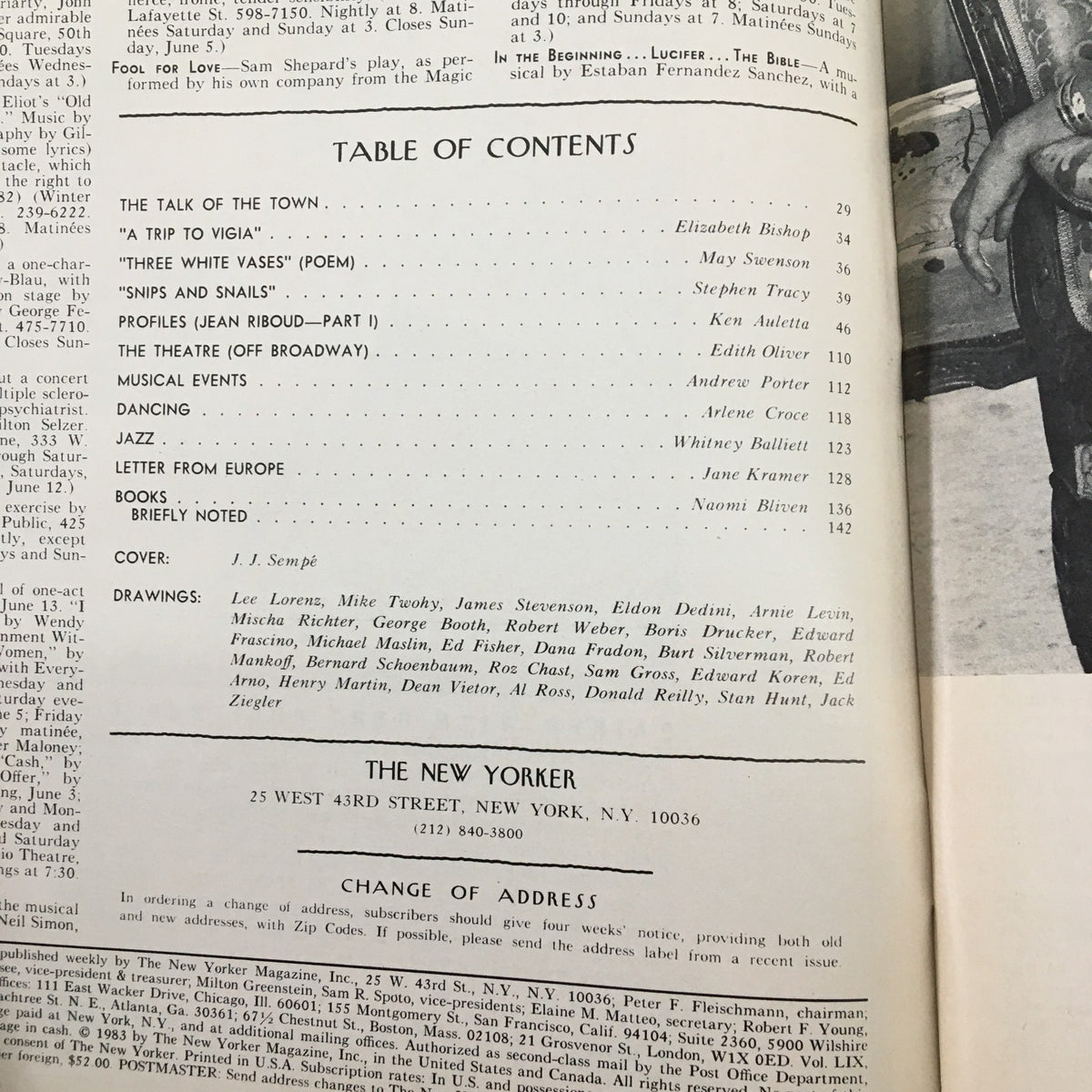 Table of Contents from The New Yorker Magazine June 6 1983, featuring various articles and contributors like Elizabeth Bishop, Andrew Porter, and illustrations by J.J. Sempé.