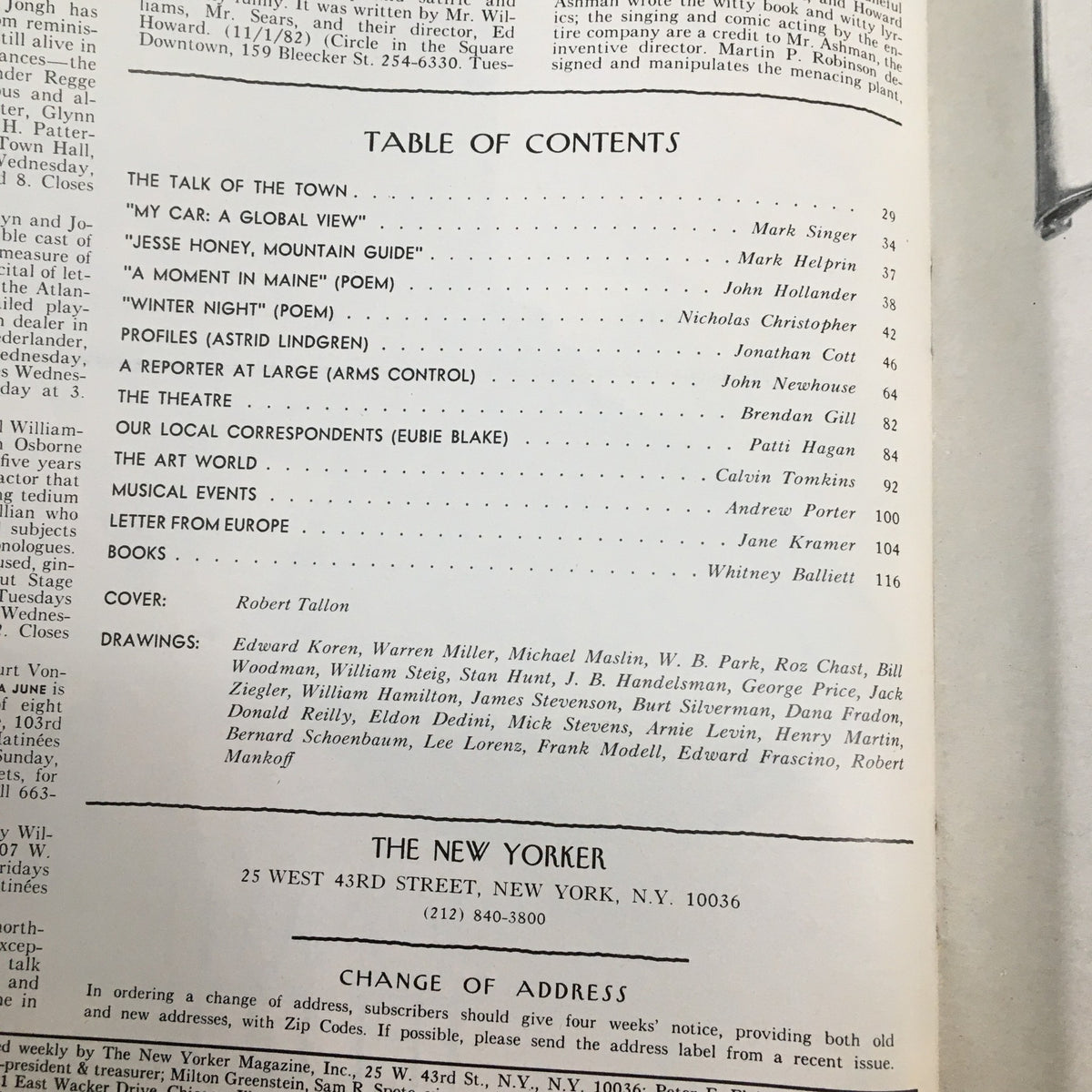 Table of Contents from The New Yorker Magazine February 28, 1983 featuring the artwork Fish Bowl by Robert Tallon, listing various articles and contributors.