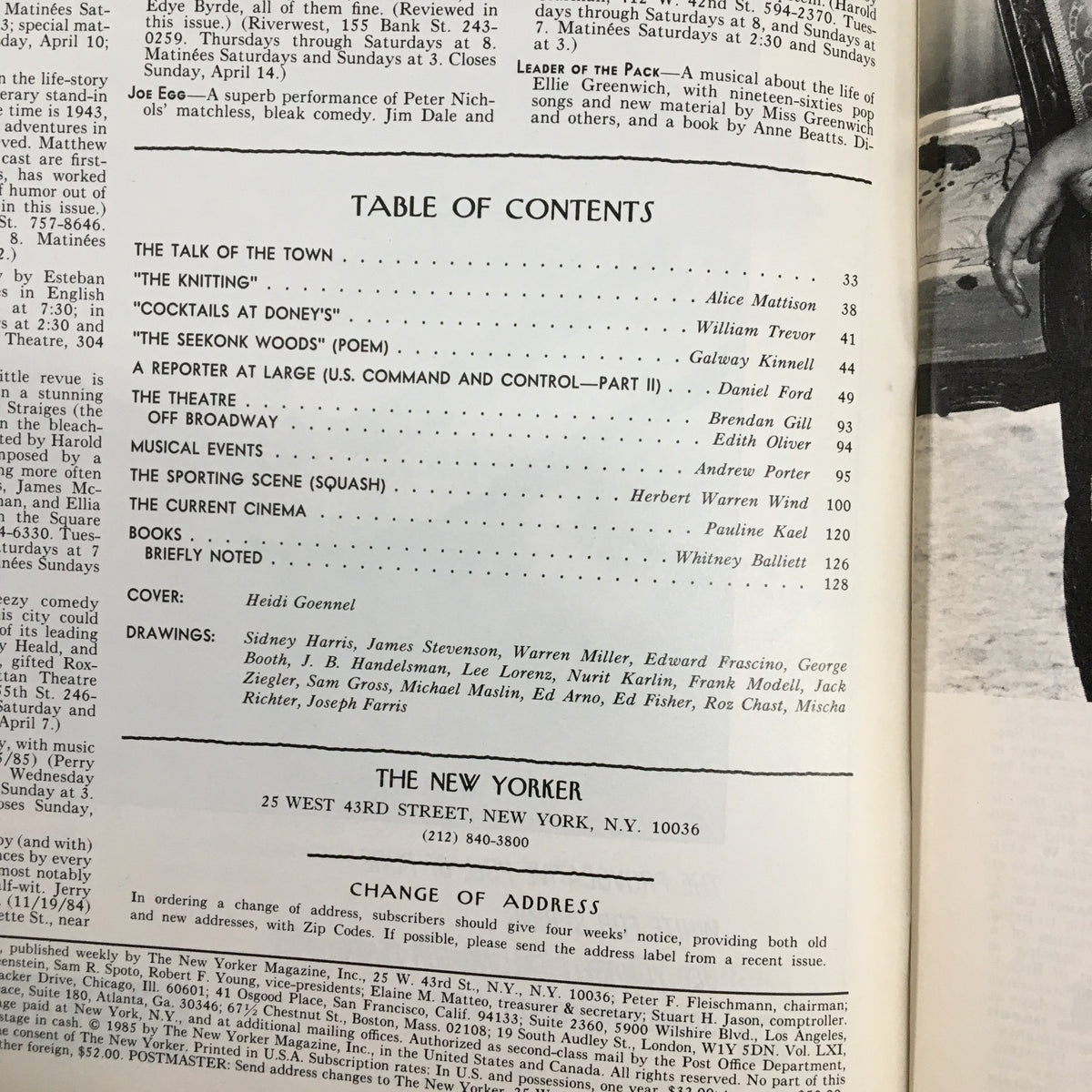 Table of contents from The New Yorker Magazine April 8 1985, showcasing articles, features, and the charming Easter Egg cover by Heidi Goennel.