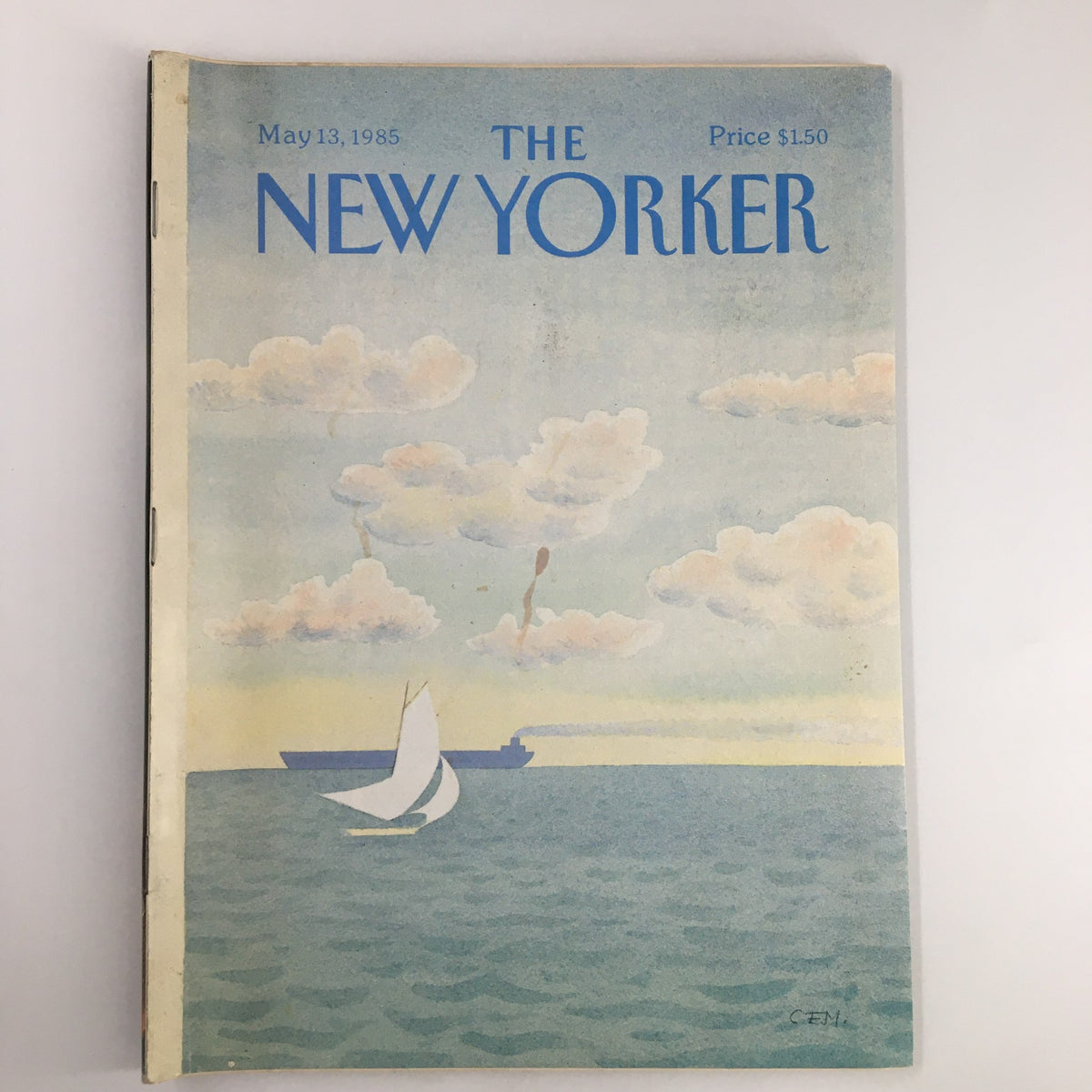 The New Yorker Magazine cover from May 13, 1985 titled 'Sail Away' by Charles E. Martin featuring a serene seaside scene with a sailboat and clouds.