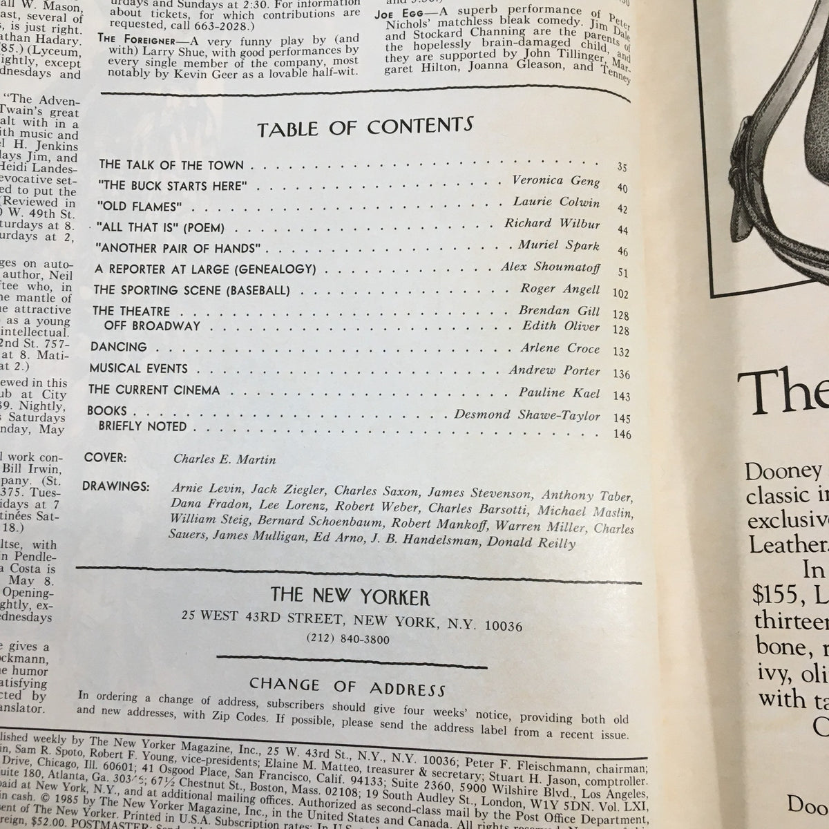 Table of Contents from The New Yorker Magazine May 13 1985 featuring articles by various writers and a cover by Charles E. Martin.