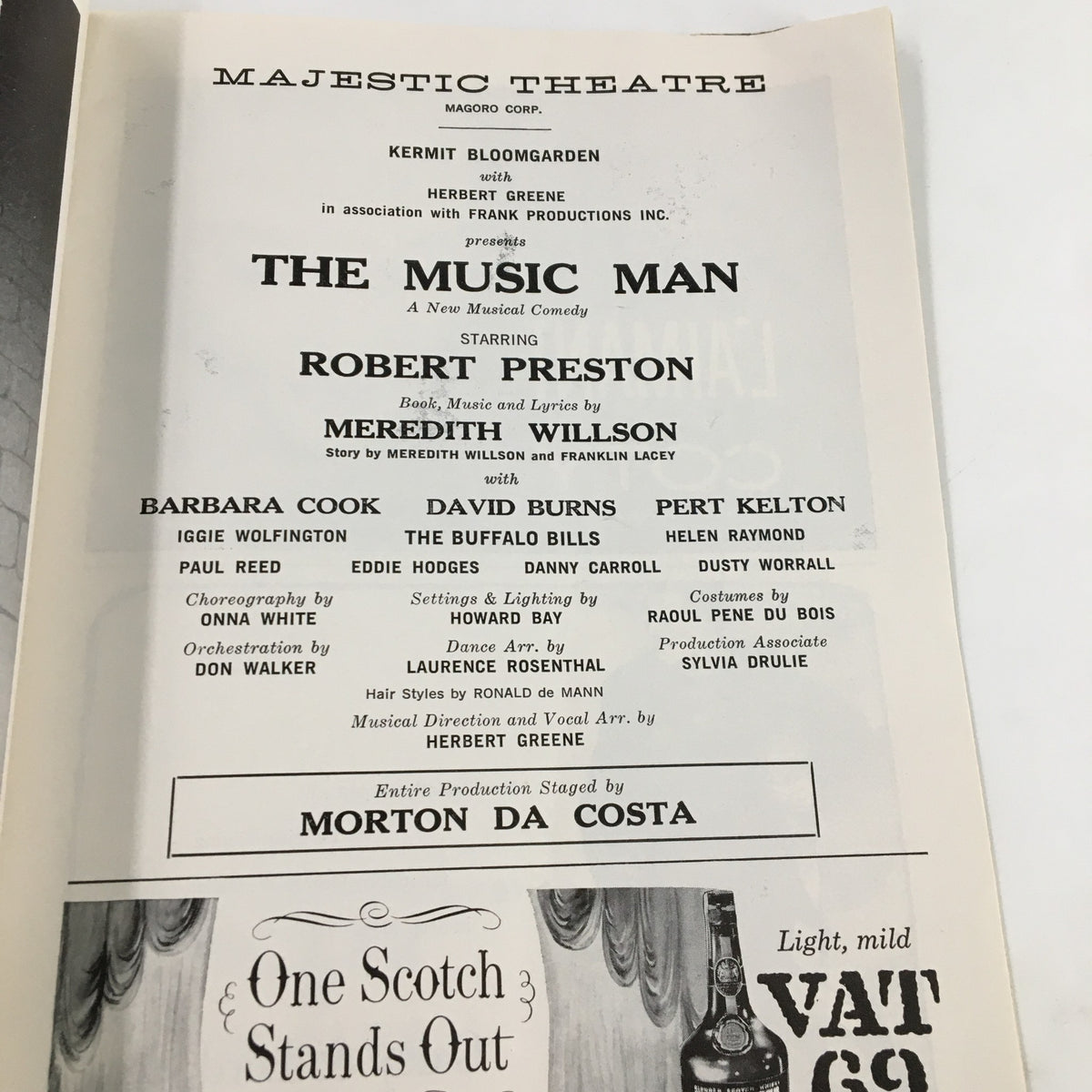 Inside page of the 1958 Playbill for The Music Man, detailing the cast and production team at the Majestic Theatre, including Robert Preston.