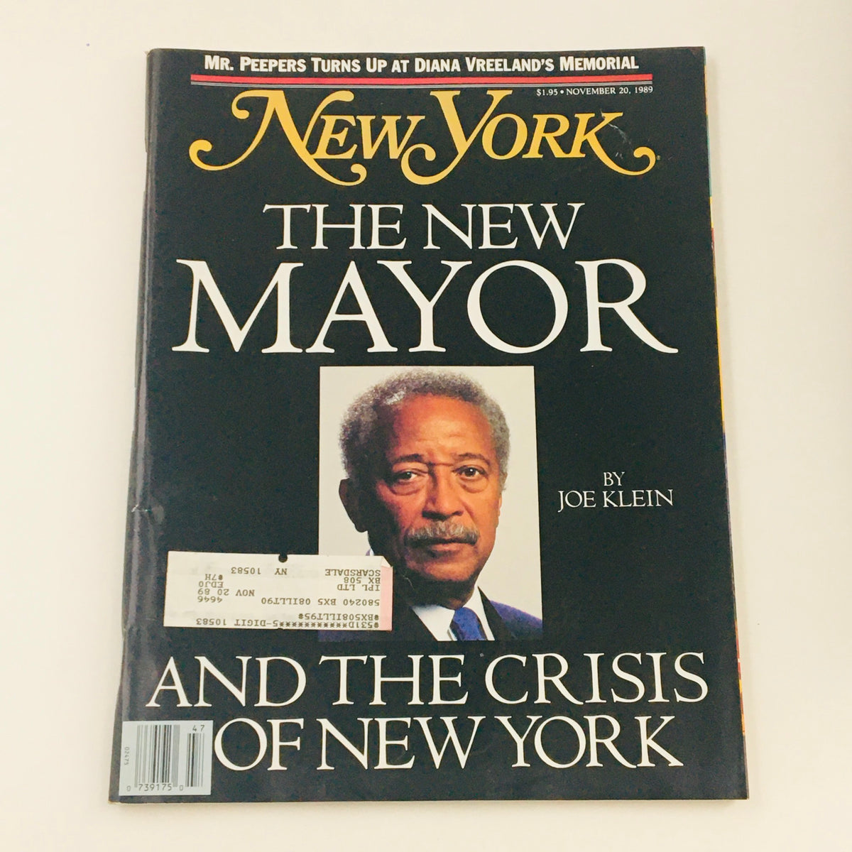 Cover of New York Magazine November 20, 1989 featuring NYC Mayor David N. Dinkins, with the headline 'The New Mayor and the Crisis of New York' by Joe Klein, showcasing a portrait of Dinkins.