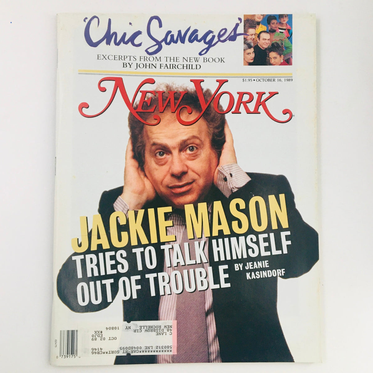 Cover of New York Magazine from October 16, 1989 featuring comedian Jackie Mason. The headline reads 'Jackie Mason Tries to Talk Himself Out of Trouble' alongside excerpts from the book 'Chic Savages' by John Fairchild.