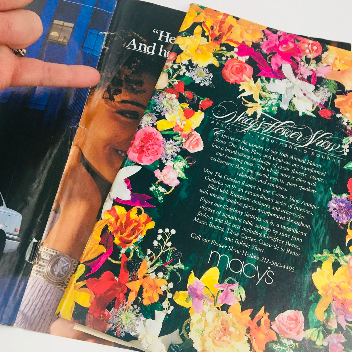 Cover detail of the New York Magazine April 9 1990, featuring vibrant floral designs and text about the Macy's 1990 Flower Show, highlighting themes of interior design and aesthetics as discussed by Marilyn Bethany.