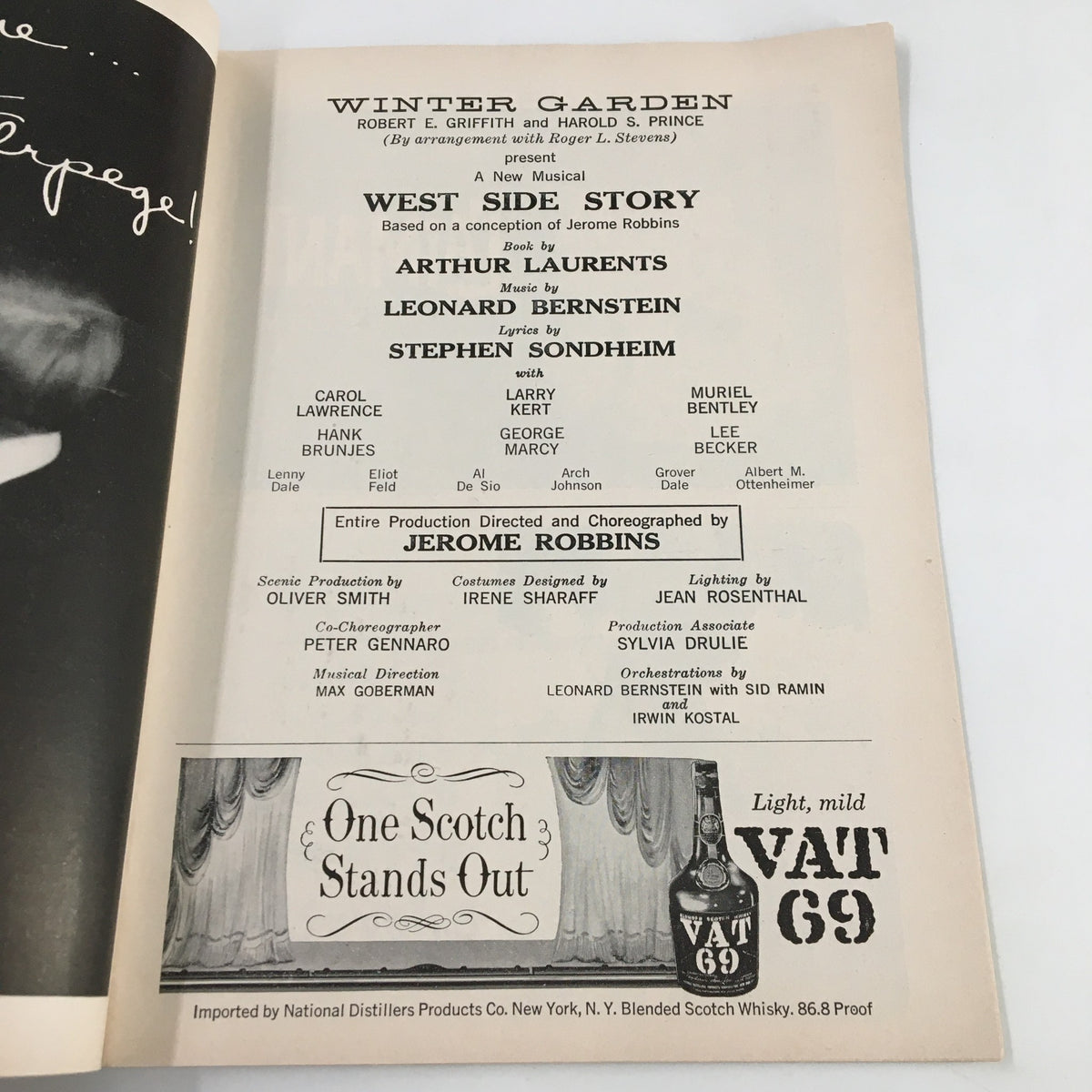 Credits page of the 1958 Playbill from Winter Garden for West Side Story, listing cast and crew including Carol Lawrence, directed by Jerome Robbins.