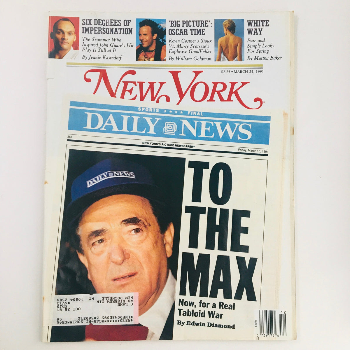 Cover of New York Magazine, March 25, 1991, featuring the title 'To The Max: Real Tabloid War' by Edwin Diamond, showcasing a male figure wearing a cap and an engaging headline.