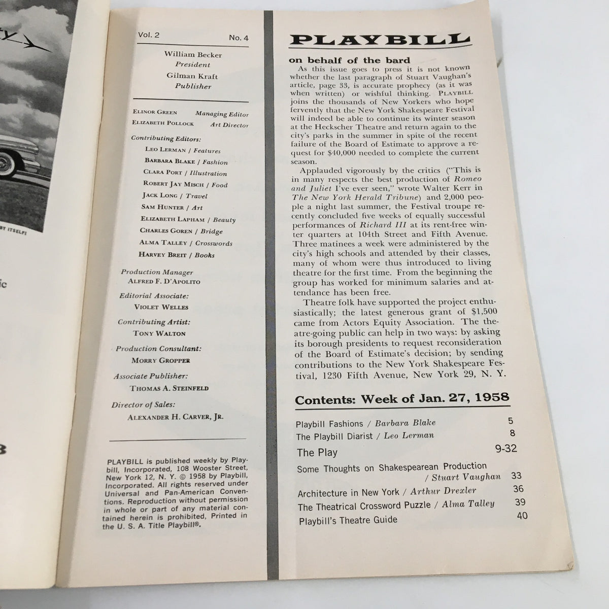 Inside page of the 1958 Playbill for 'Two For The Seesaw,' detailing contributors and showing the week of January 27, 1958.