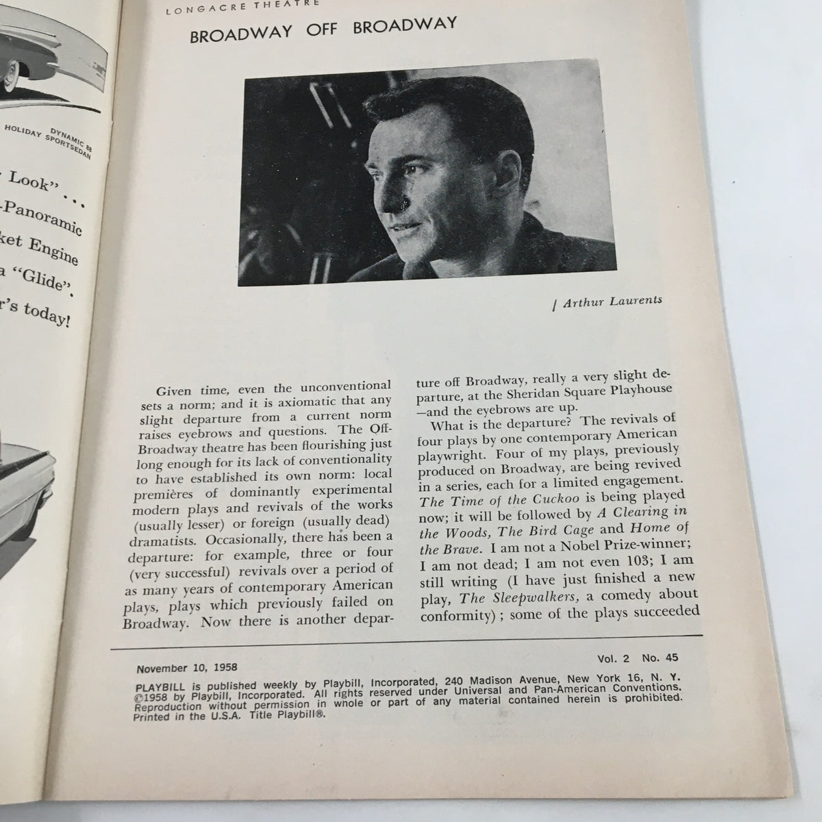 Inside page of the 1958 Playbill for The Pleasure of His Company, featuring Broadway off-Broadway commentary by J. Arthur Lawrence, highlighting the richness of theatrical history.