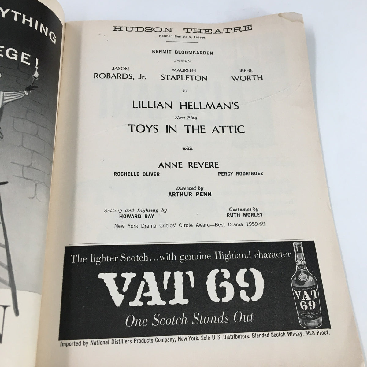 Another interior page of the 1960 Playbill for Toys In The Attic showcasing cast and production details at Hudson Theatre.