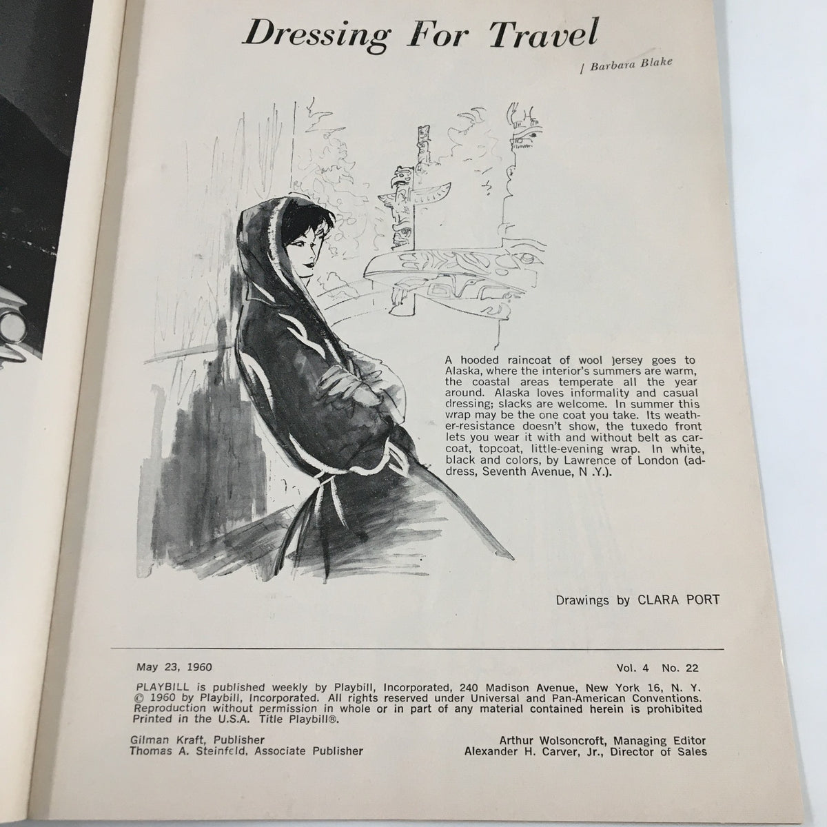 1960 Playbill showcasing the 'Dressing For Travel' article by Barbara Blake, illustrated drawing by Clara Port, from the Ethel Barrymore Theatre.