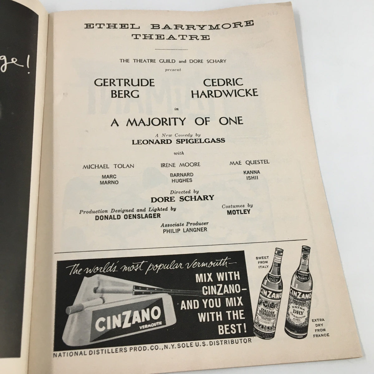 1960 Playbill from the Ethel Barrymore Theatre featuring cast details and credits for Gertrude Berg and Cedric Hardwicke in 'A Majority of One'.