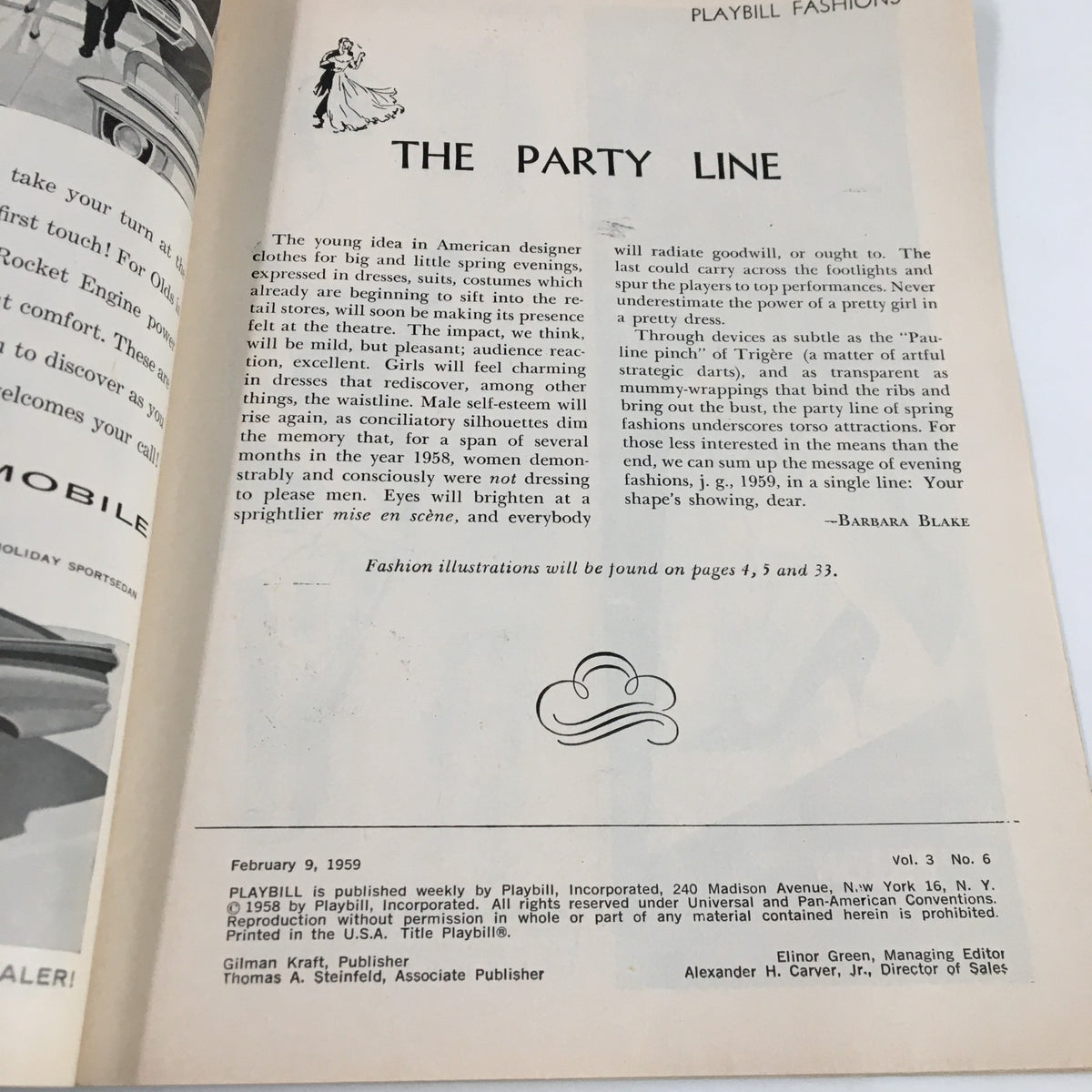 1959 Playbill The Music Box featuring fashion illustration titled 'The Party Line' by Barbara Blake, showcasing vintage design aesthetics from the theater era.